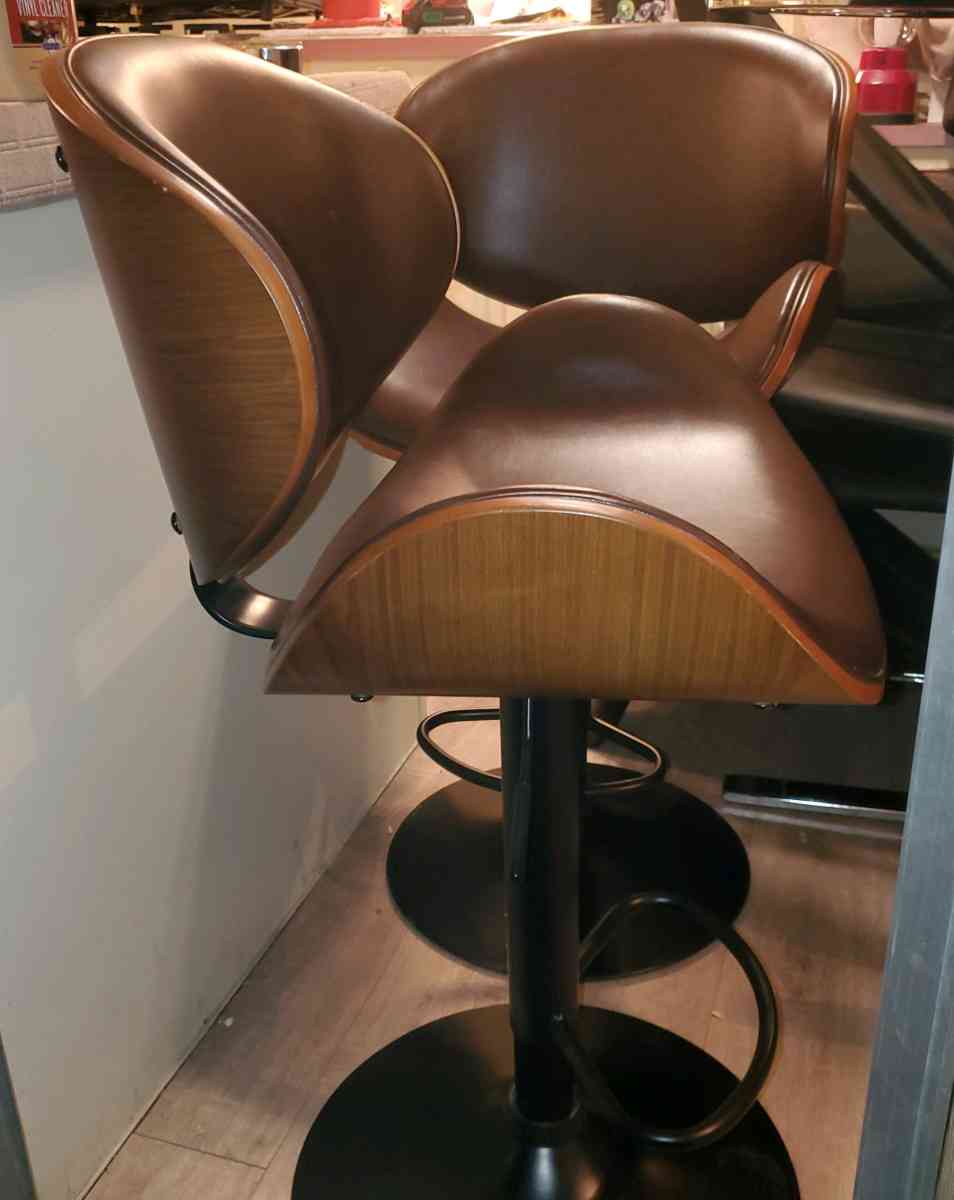 Brown Faux Leather and Wood Bar Stools