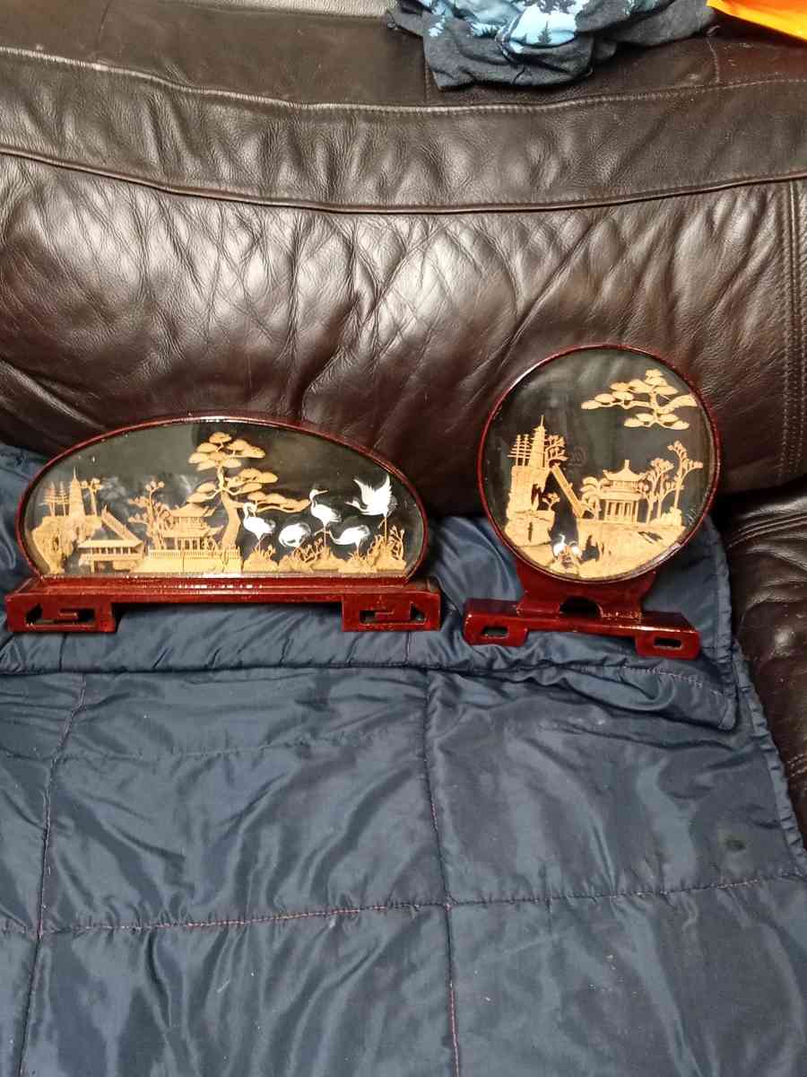 Set of 2 Asian Reverse Glass Art Panels