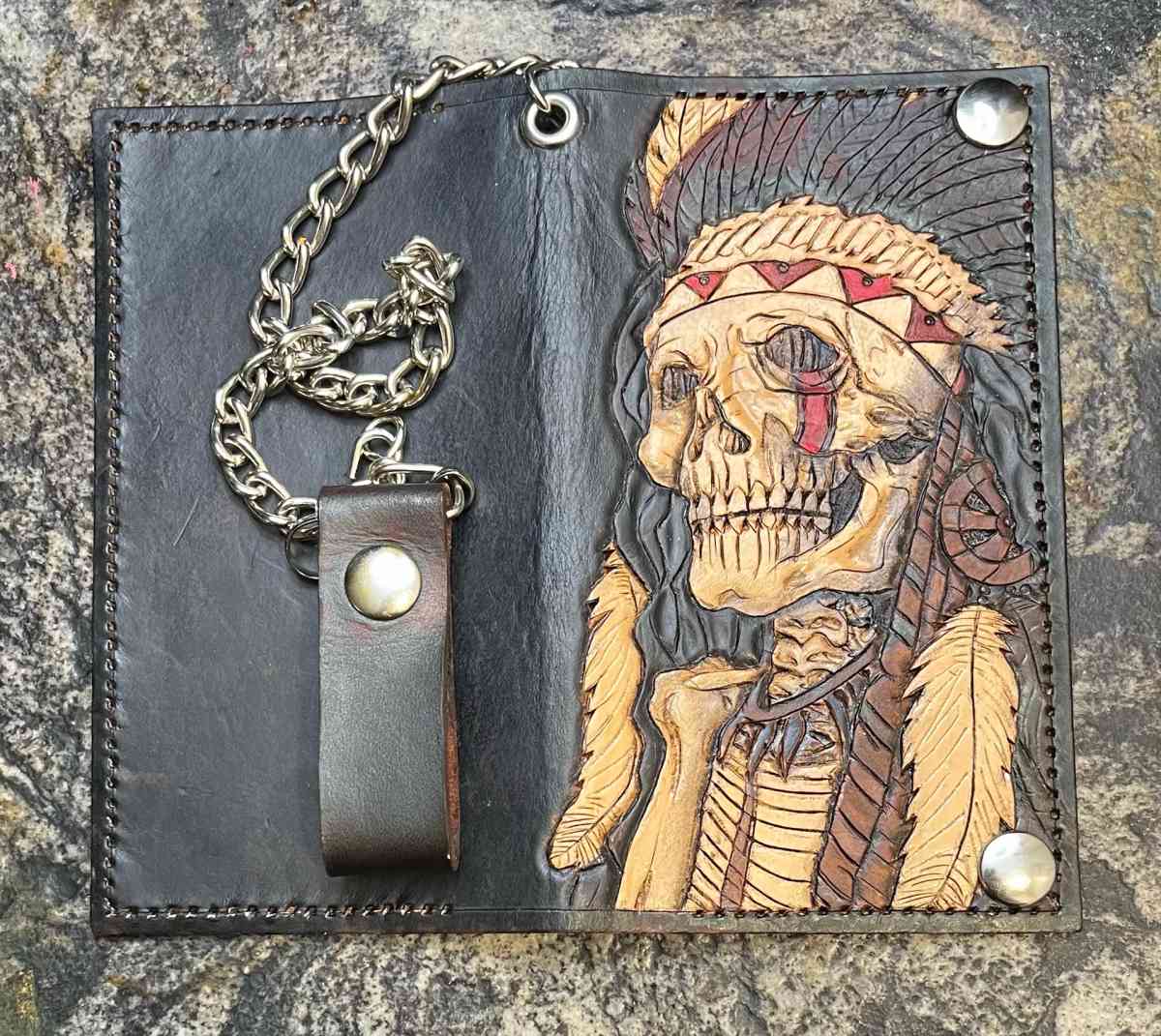 tooled leather Native American Chief bifold wallet