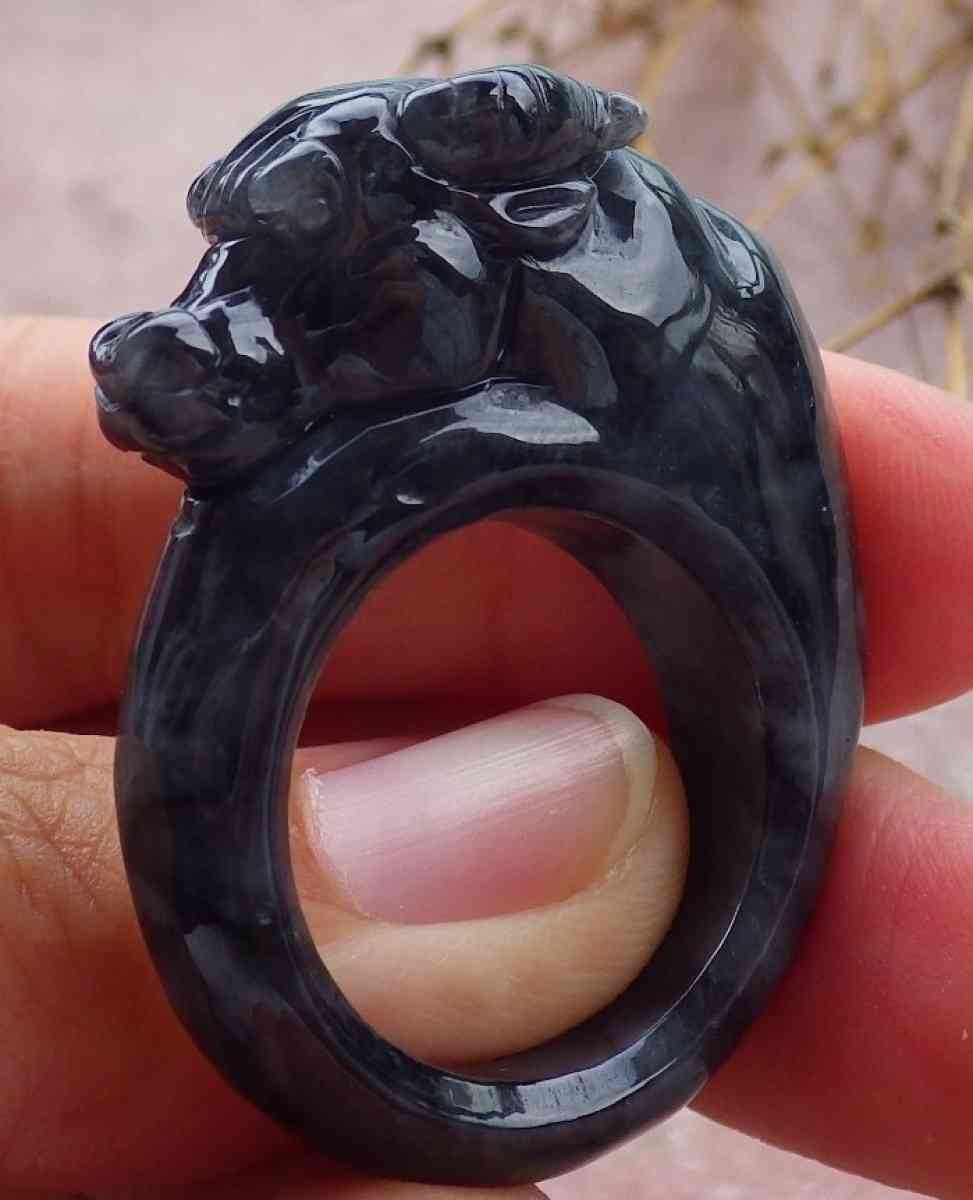 Certificate Black Burma A Jadeite Jade Cow Ox Circle Ring NO