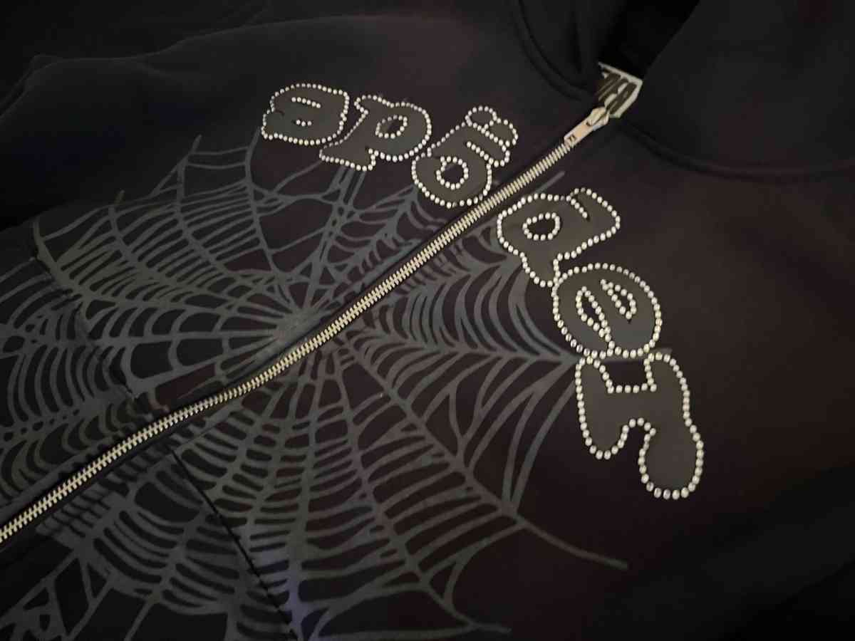 Sp5der Black Rhinestone Web V2 Zip Up hoodie