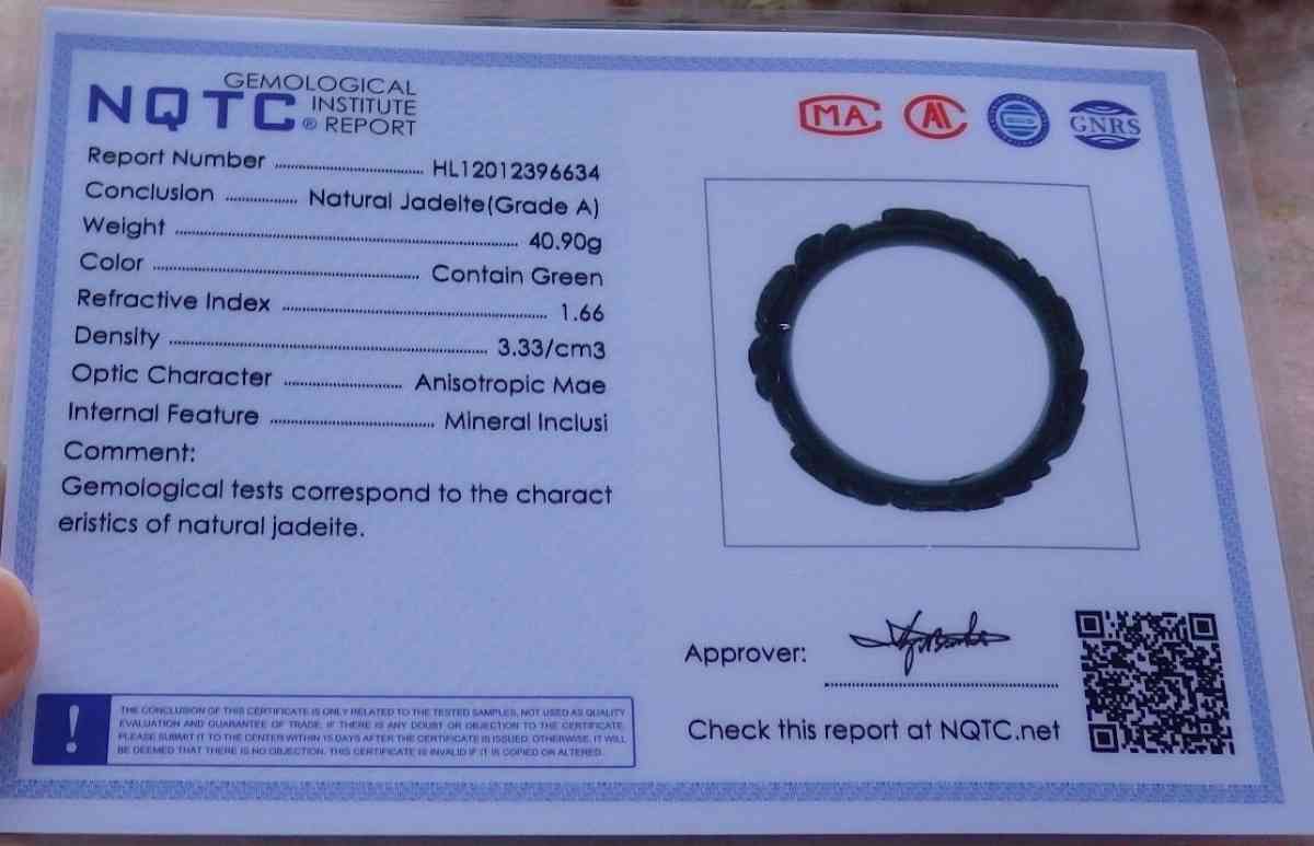 Certificate Jadeite jade Burma  Dark Green Black Flower