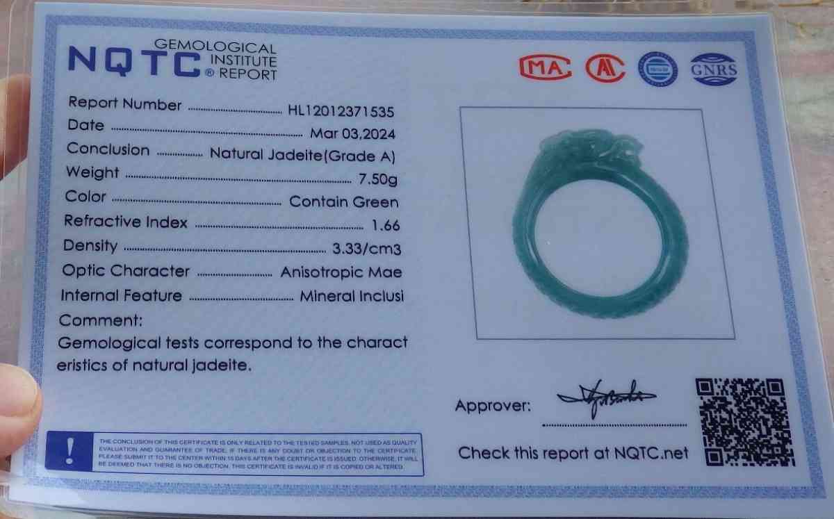 Certificate Jadeite jade  Burmese  Dragon size10