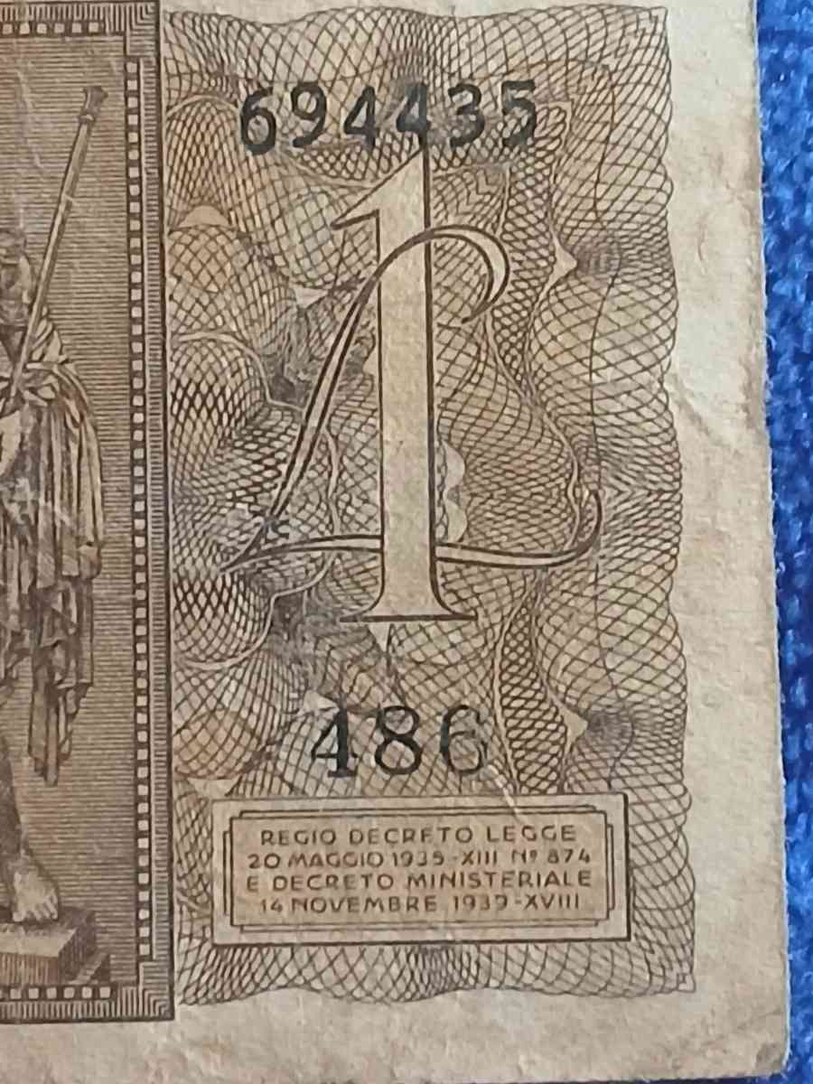 1939 Italian 1 Lira banknote