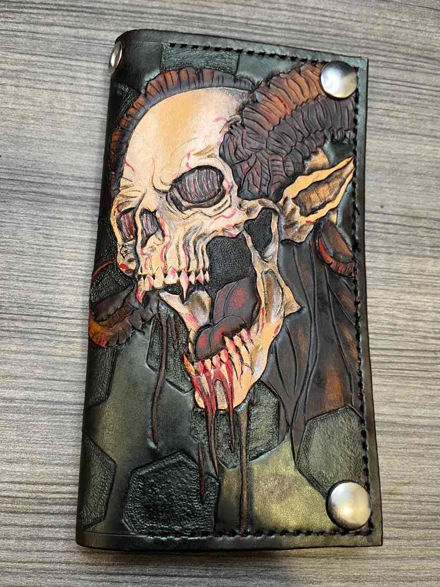 new tooled leather demon with horns bifold wallet