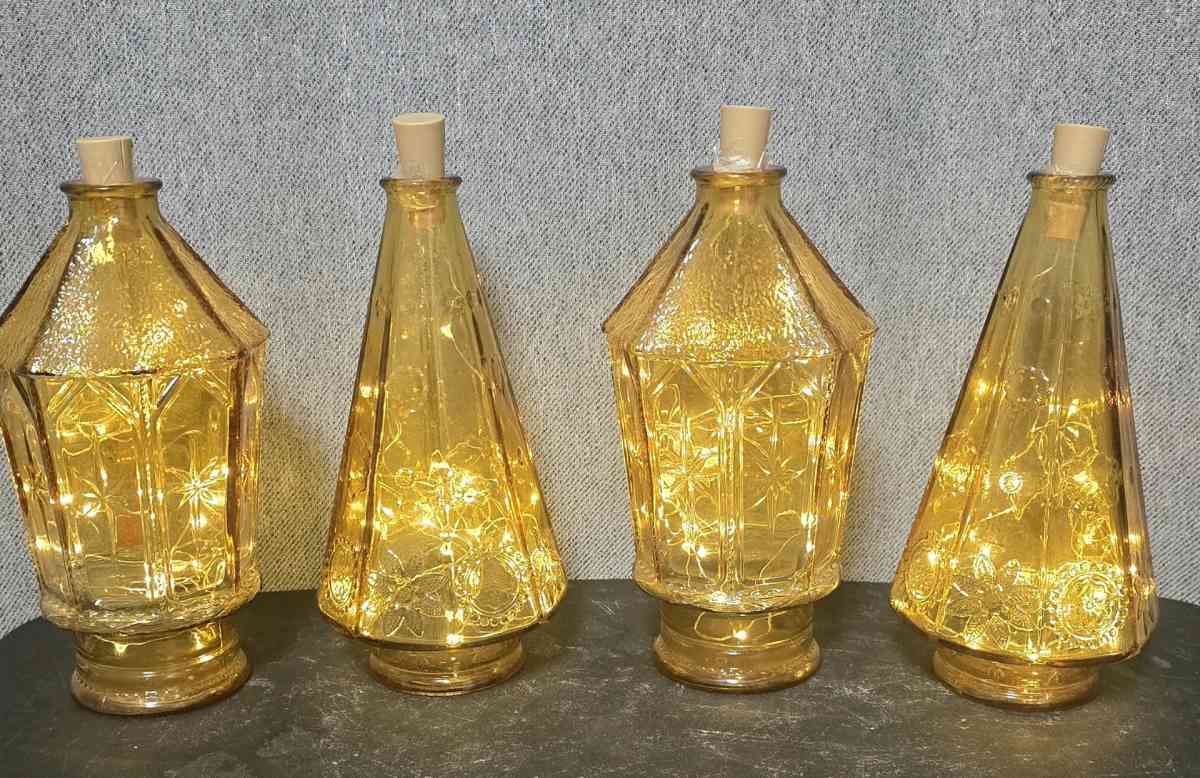 Lighted Antique Wheaton Amber Glass Jars Set of 4