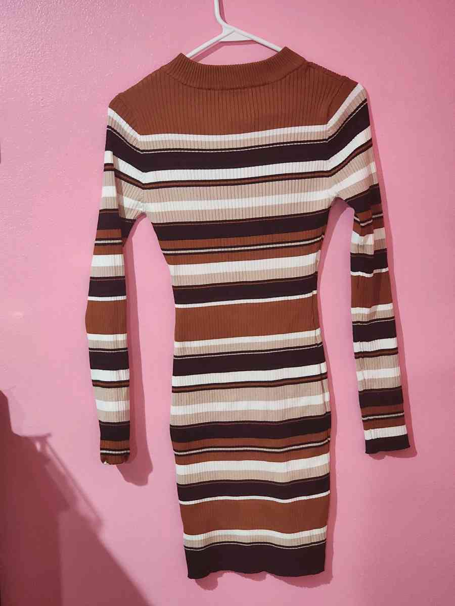 Womens Brown Striped Bodycon Sweater Dress  Long Sleeve