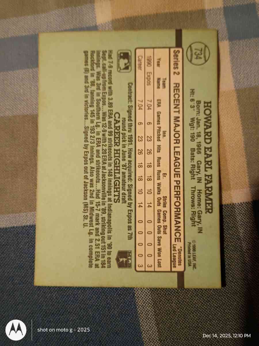 Howard Farmer Baseball Card