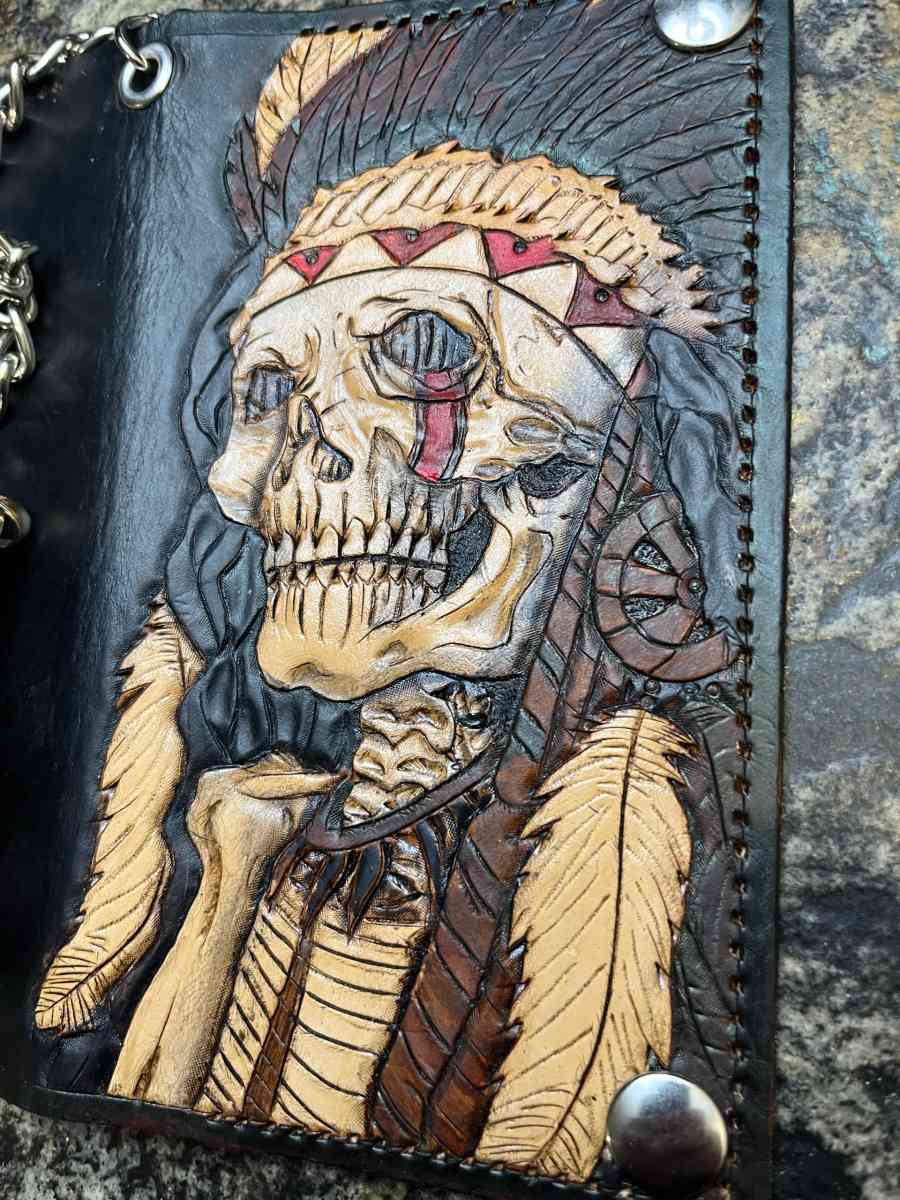 tooled leather Native American Chief bifold wallet