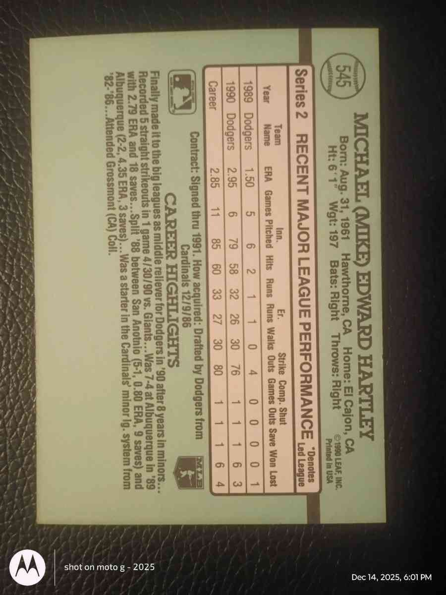 Mike Hartley Baseball Card