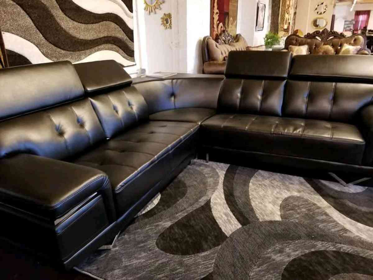 Modern Italian Black Leather Sectional Sofa with Adjustable