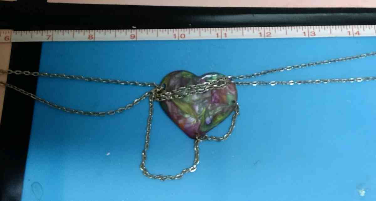multicolored resin heart with multiple chains