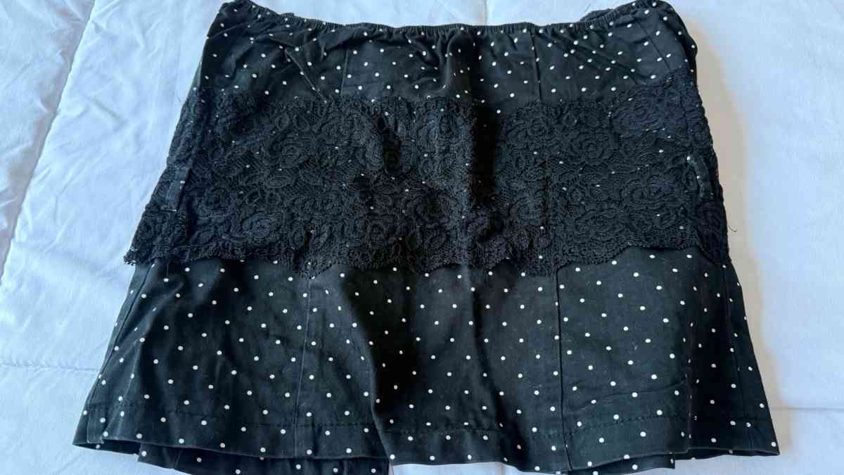 Black Polka Dot Strapless Peplum Top with Lace Overlay  Butt