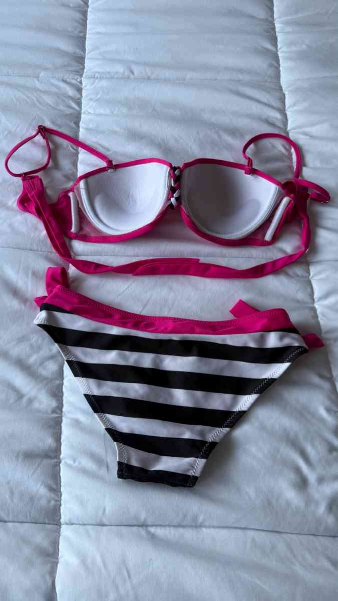 Hot Pink  Black Striped Bikini Set  Padded Bra Top with Brai