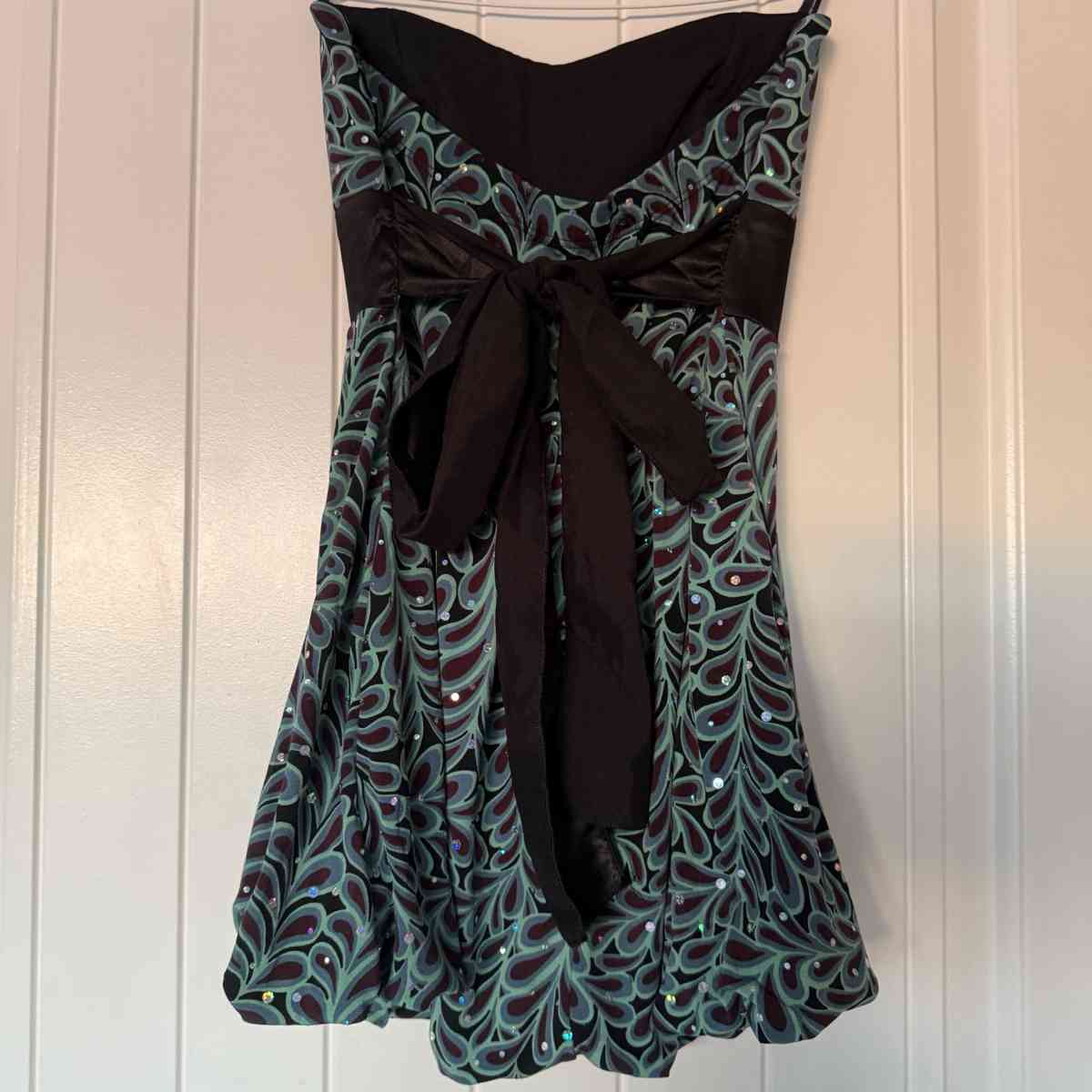 Strapless Teal  Black Sparkle Cocktail Dress with Satin Wais