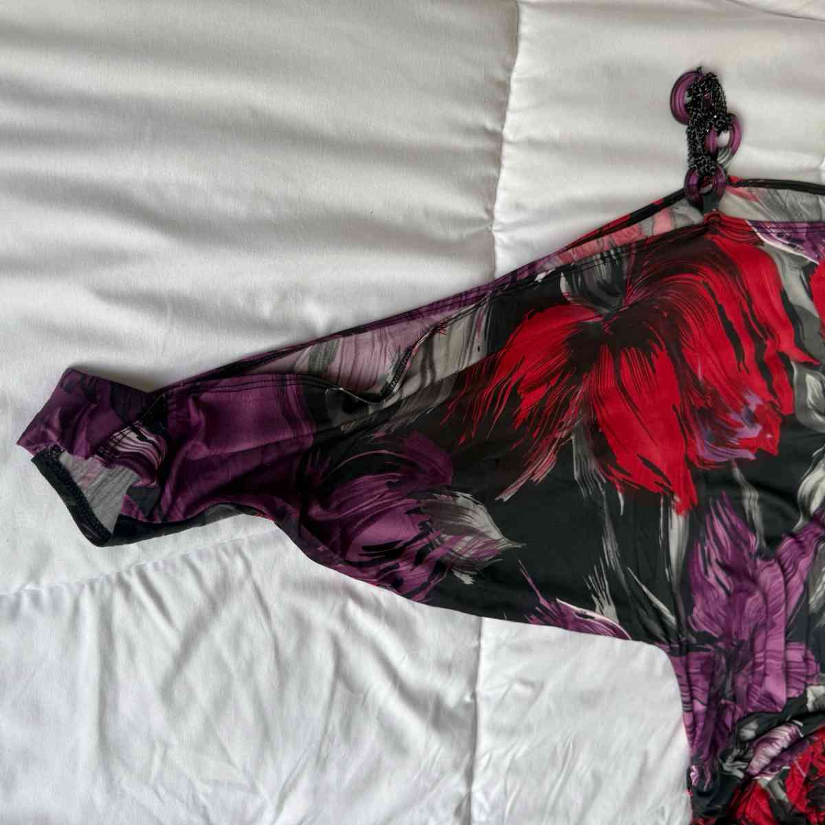 Brand New OneShoulder Ruched Longline Top  Red  Purple Abstr