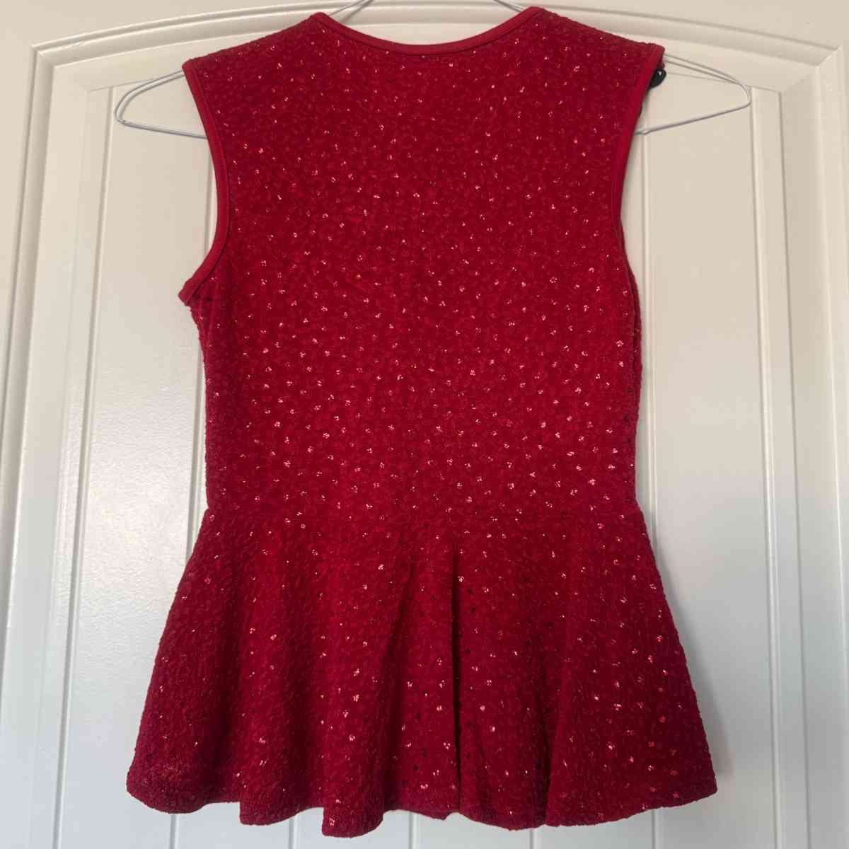 New Red Peplum Top with Black Lace Statement Neckline S