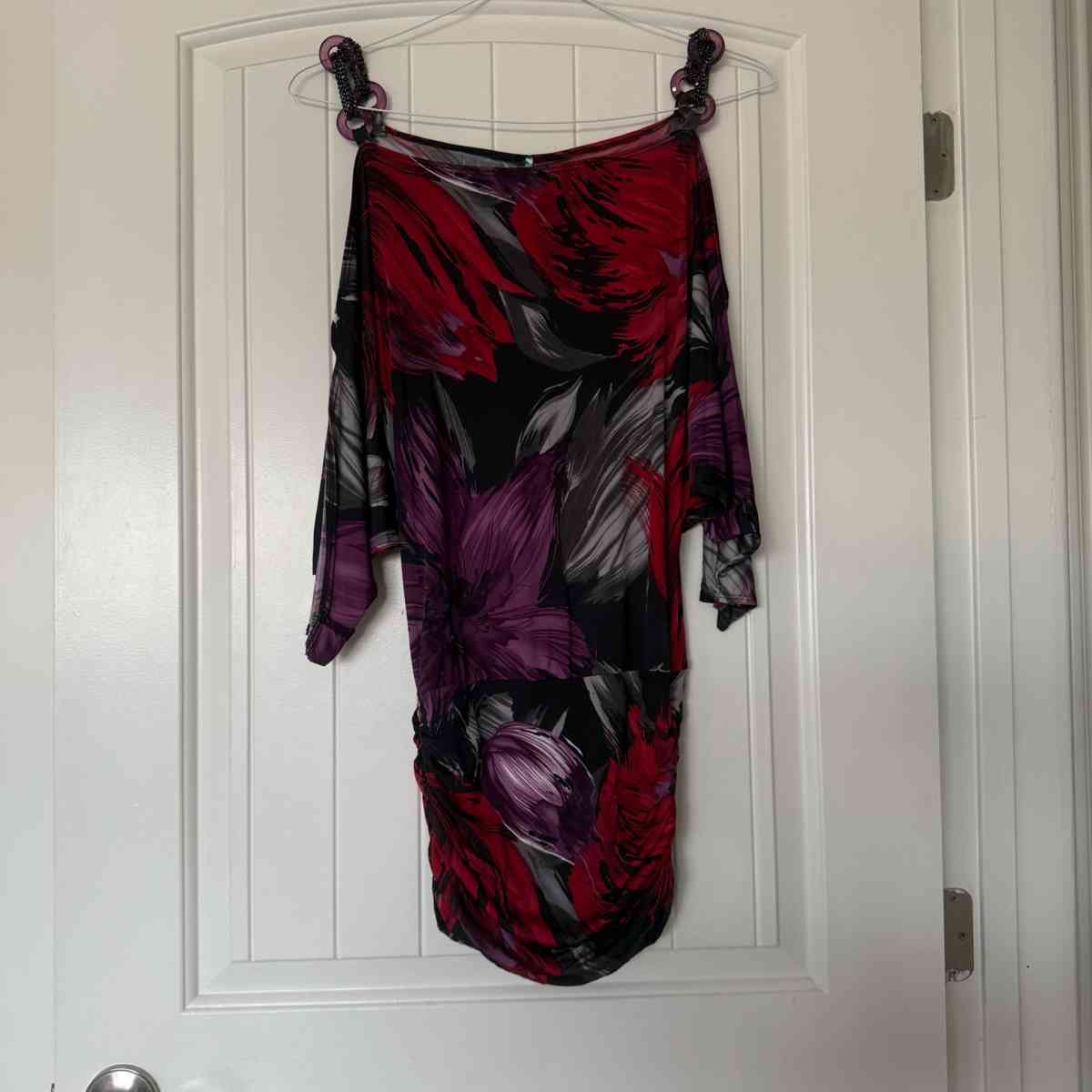 Brand New OneShoulder Ruched Longline Top  Red  Purple Abstr