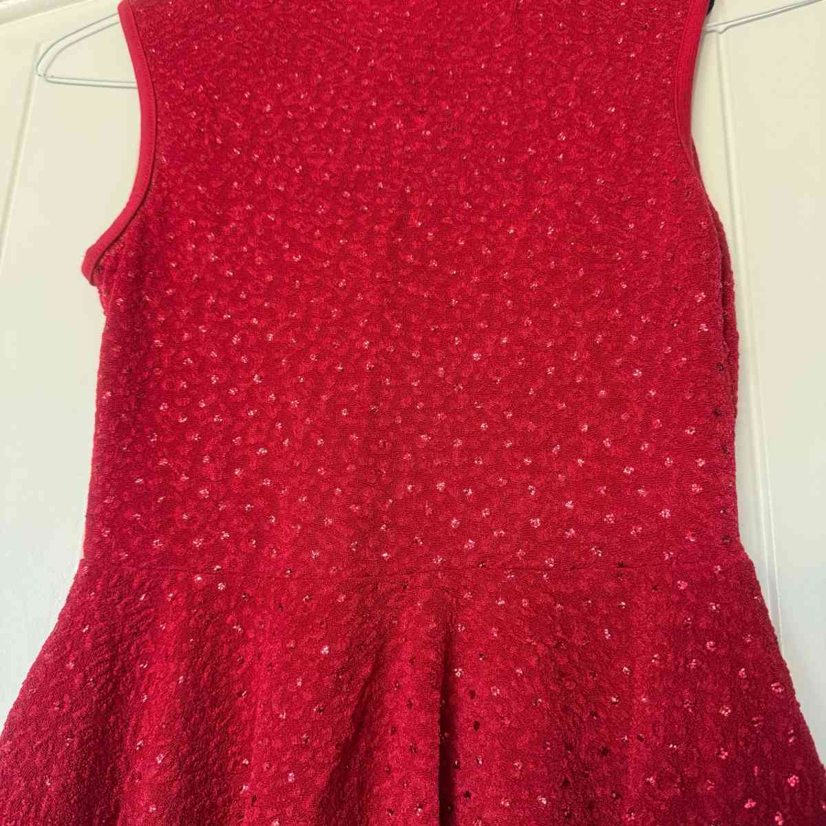 New Red Peplum Top with Black Lace Statement Neckline S