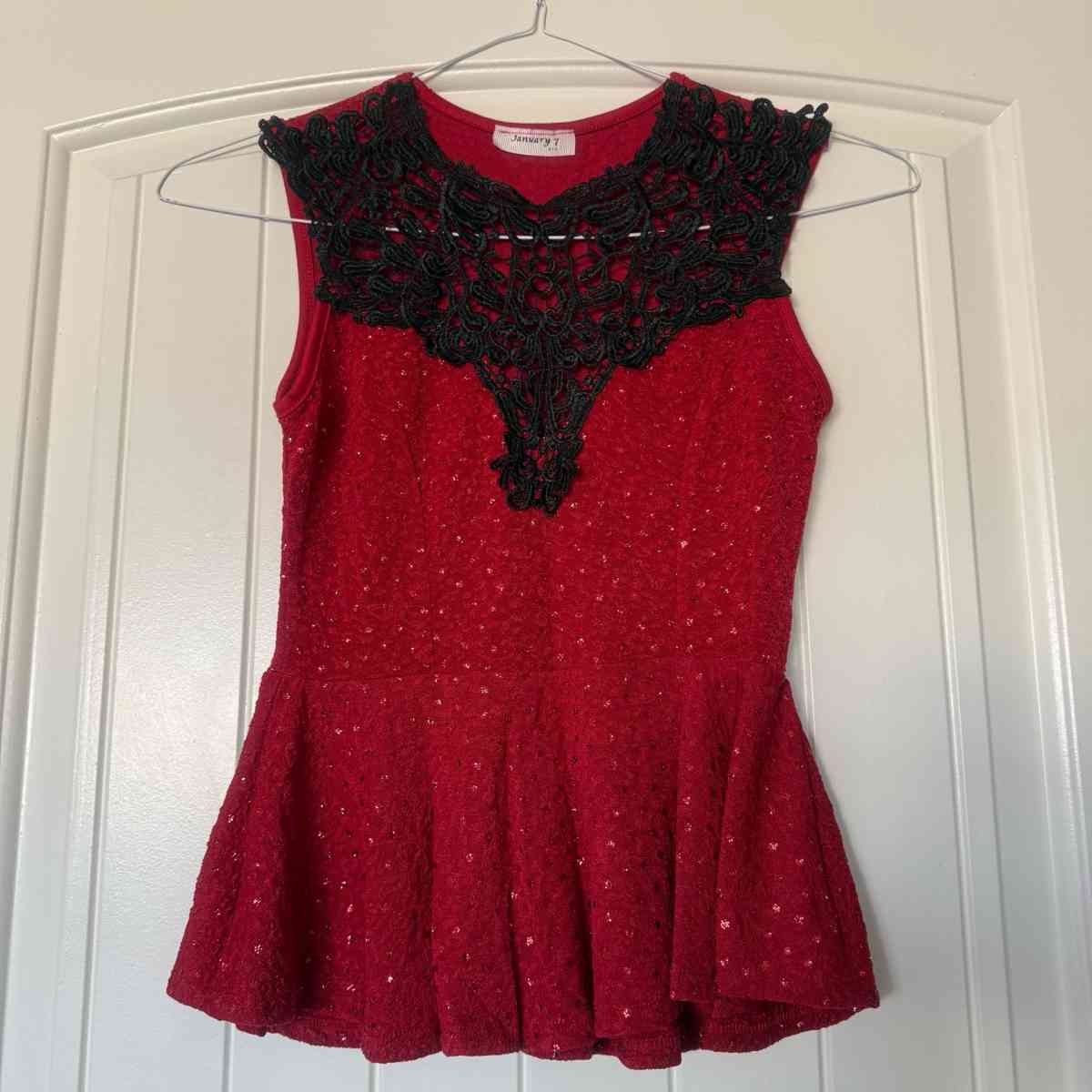New Red Peplum Top with Black Lace Statement Neckline S