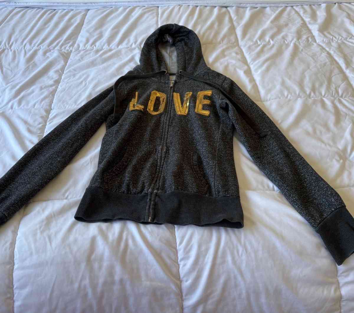 Womens Charcoal ZipUp Hoodie with Gold Sequin LOVE Graphic