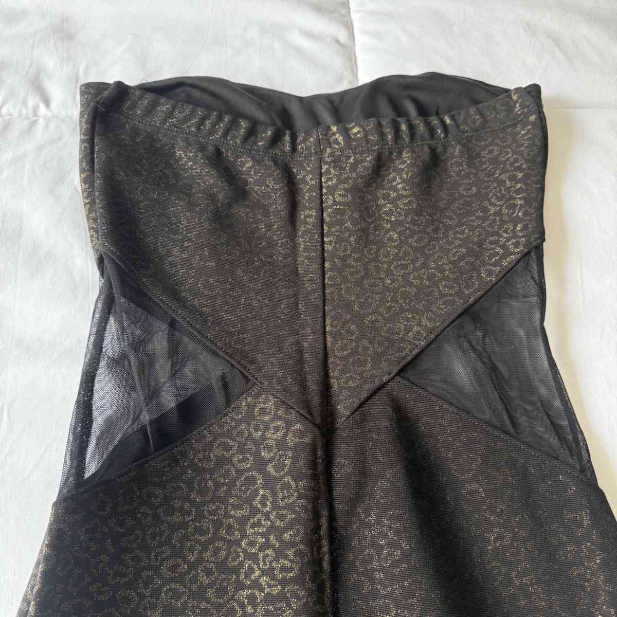 Strapless Black  Gold Animal Print Bodycon Dress with Mesh S