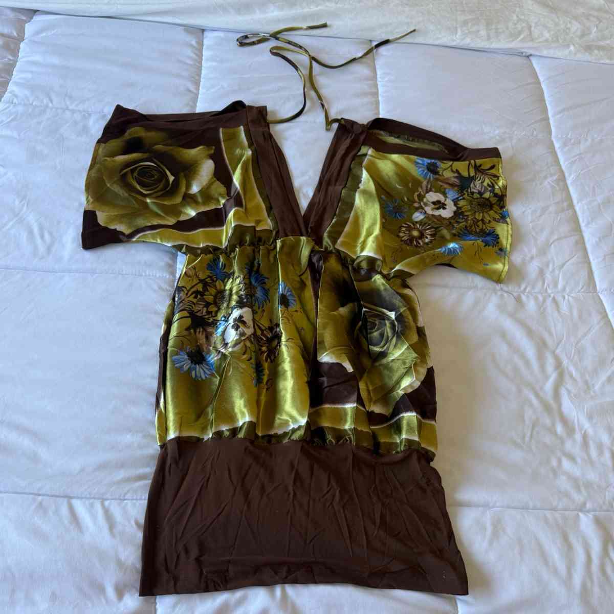 SilkFeel Boho Halter Blouse  Olive Floral Empire Waist State