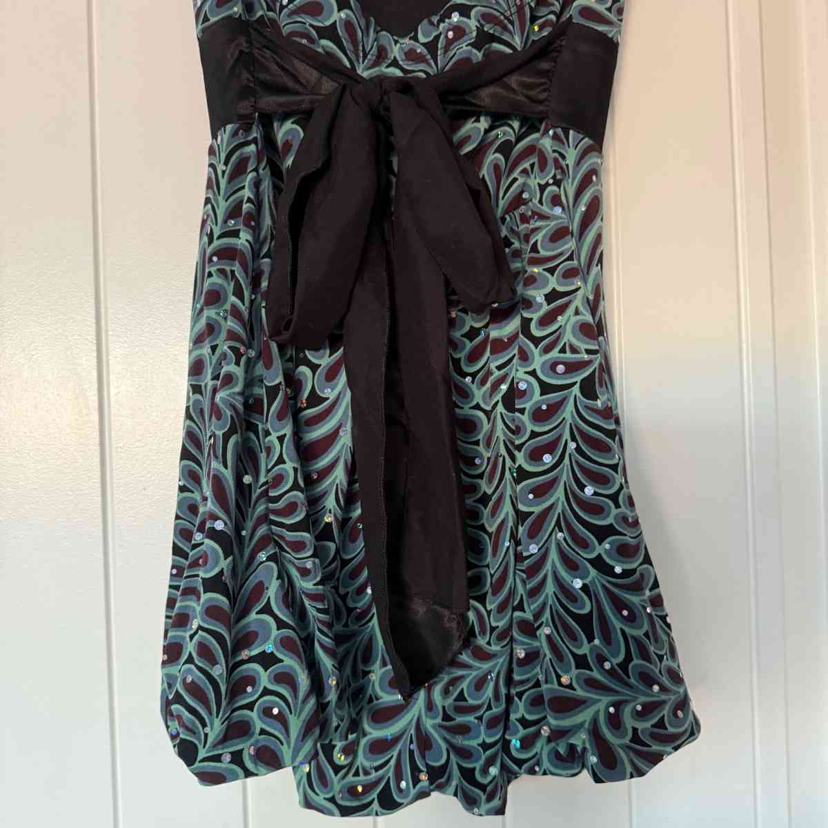 Strapless Teal  Black Sparkle Cocktail Dress with Satin Wais