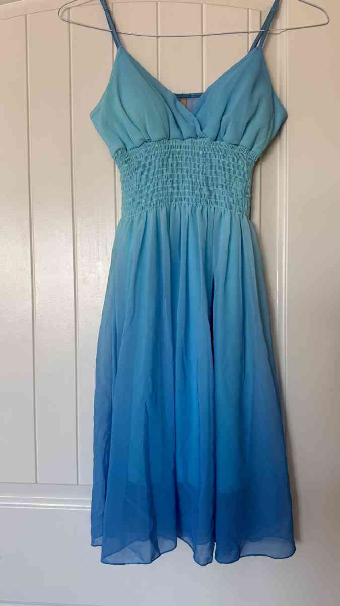 Blue Ombr Chiffon Sundress with Smocked Waist Adjustable Str