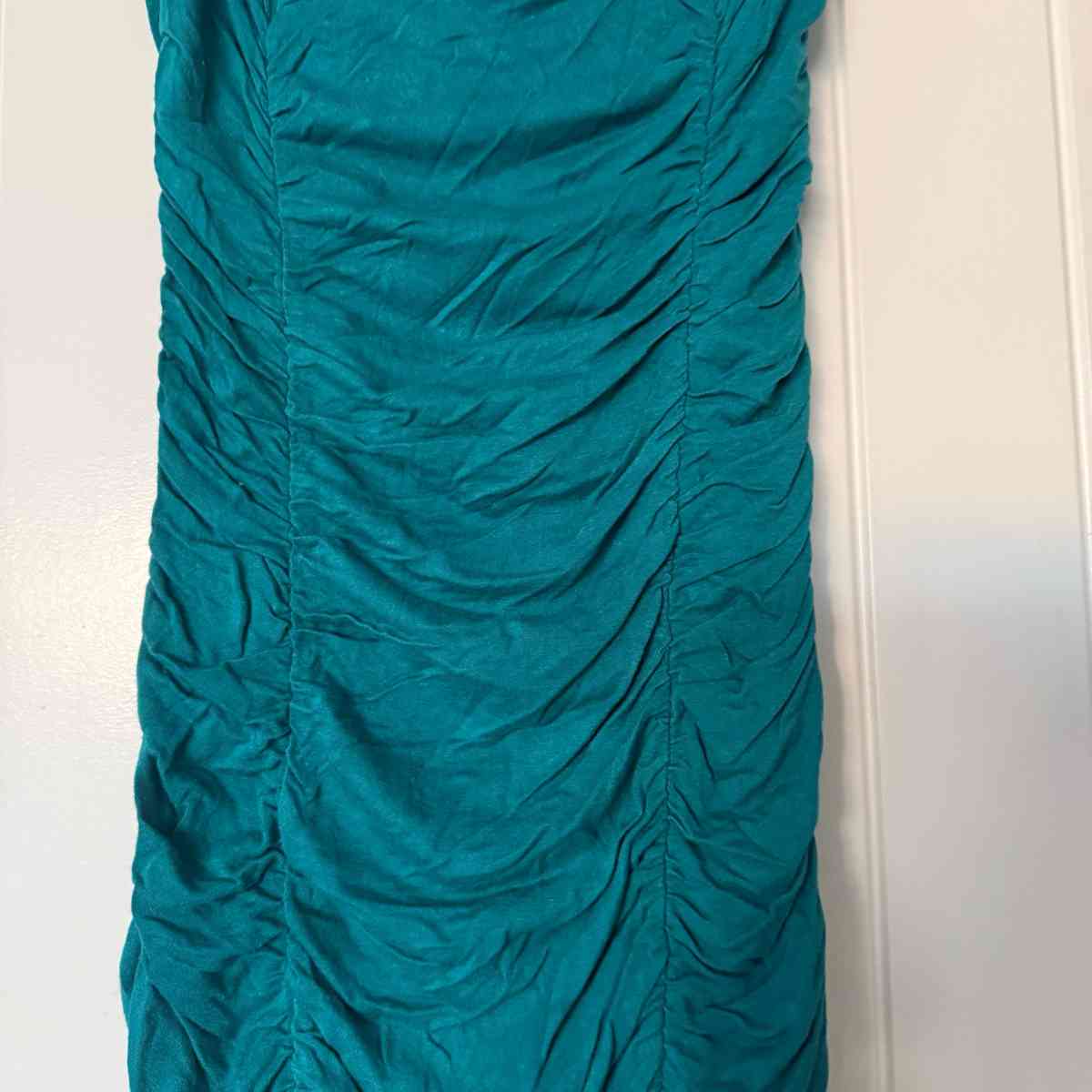 Teal Strapless Ruched Cocktail Dress with Feather Trim