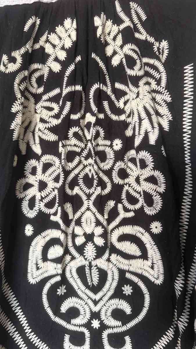 Bohemian Black Embroidered Midi Dress  Folk Floral Stitching