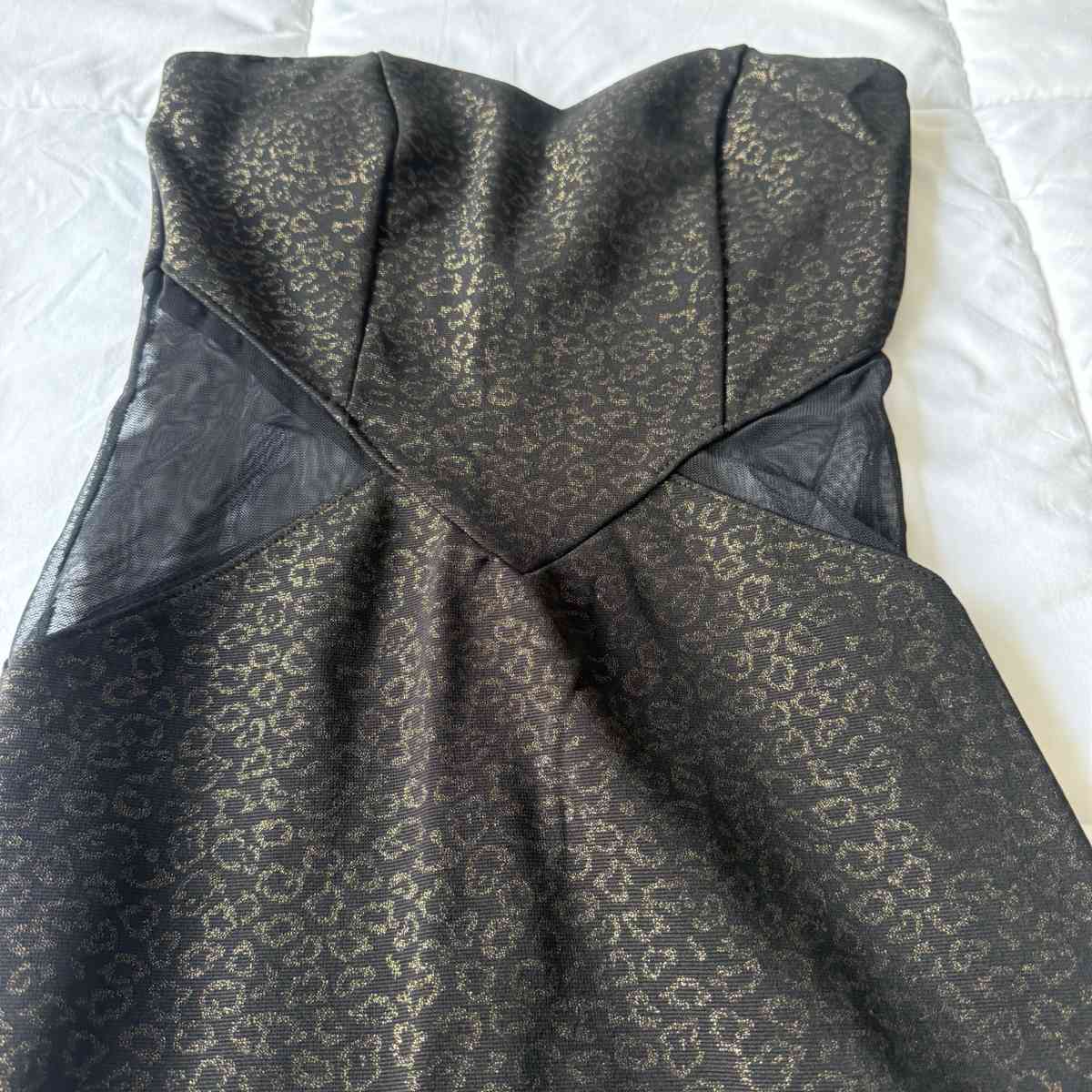 Strapless Black  Gold Animal Print Bodycon Dress with Mesh S