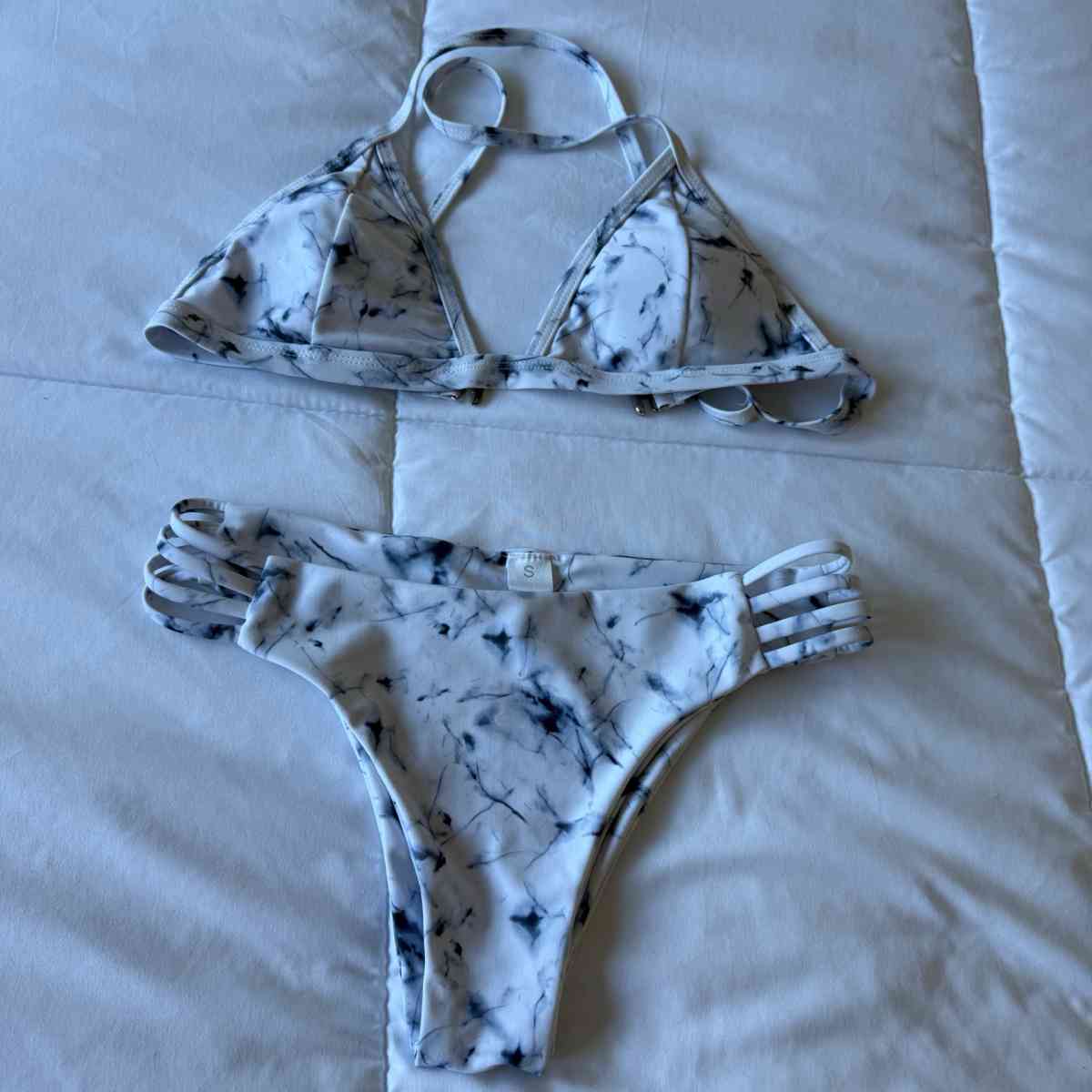 White Marble TieDye Padded Triangle Bikini Set  Strappy High
